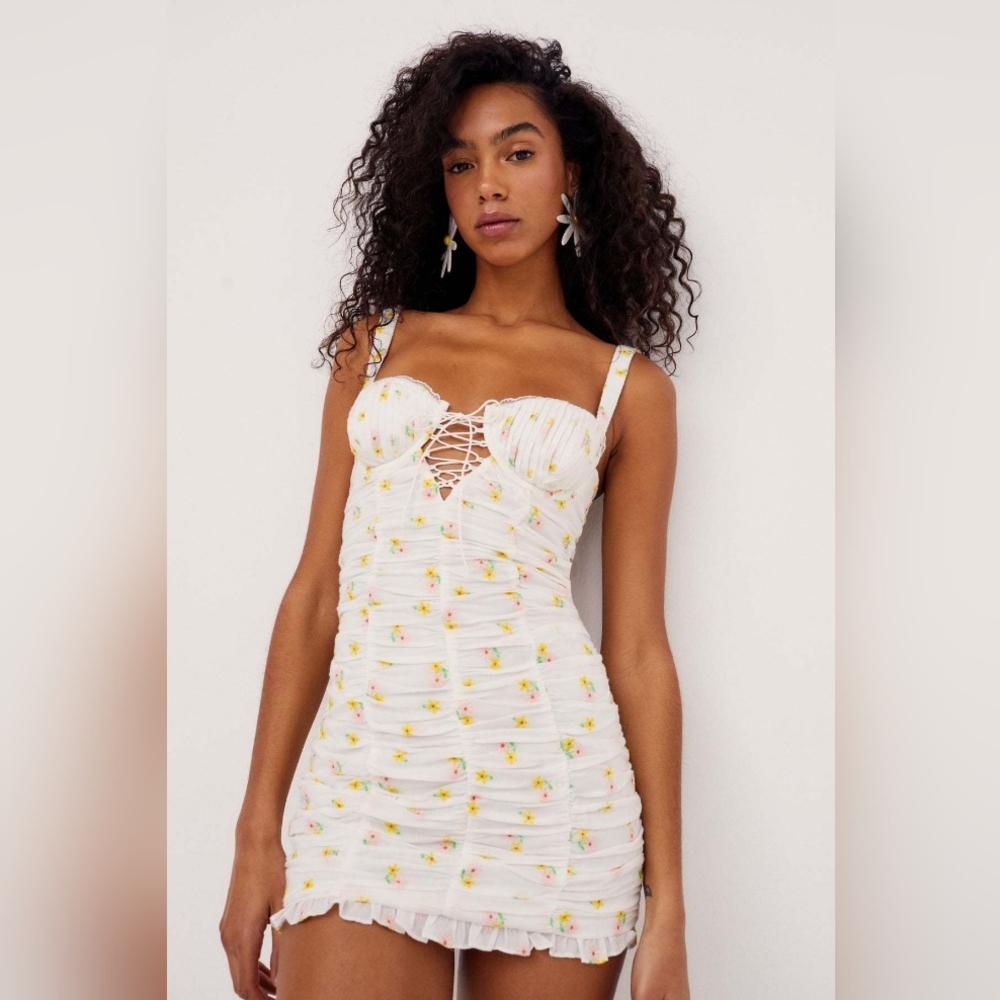 NWT - Celia Embroidered Floral White Ruched Dress, For Love and Lemons